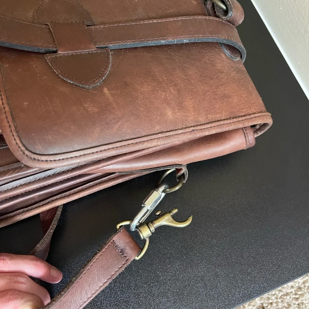 Vintage Custom Hide Leather Brass Button Briefcase W/ Strap Multi-pocket US-made